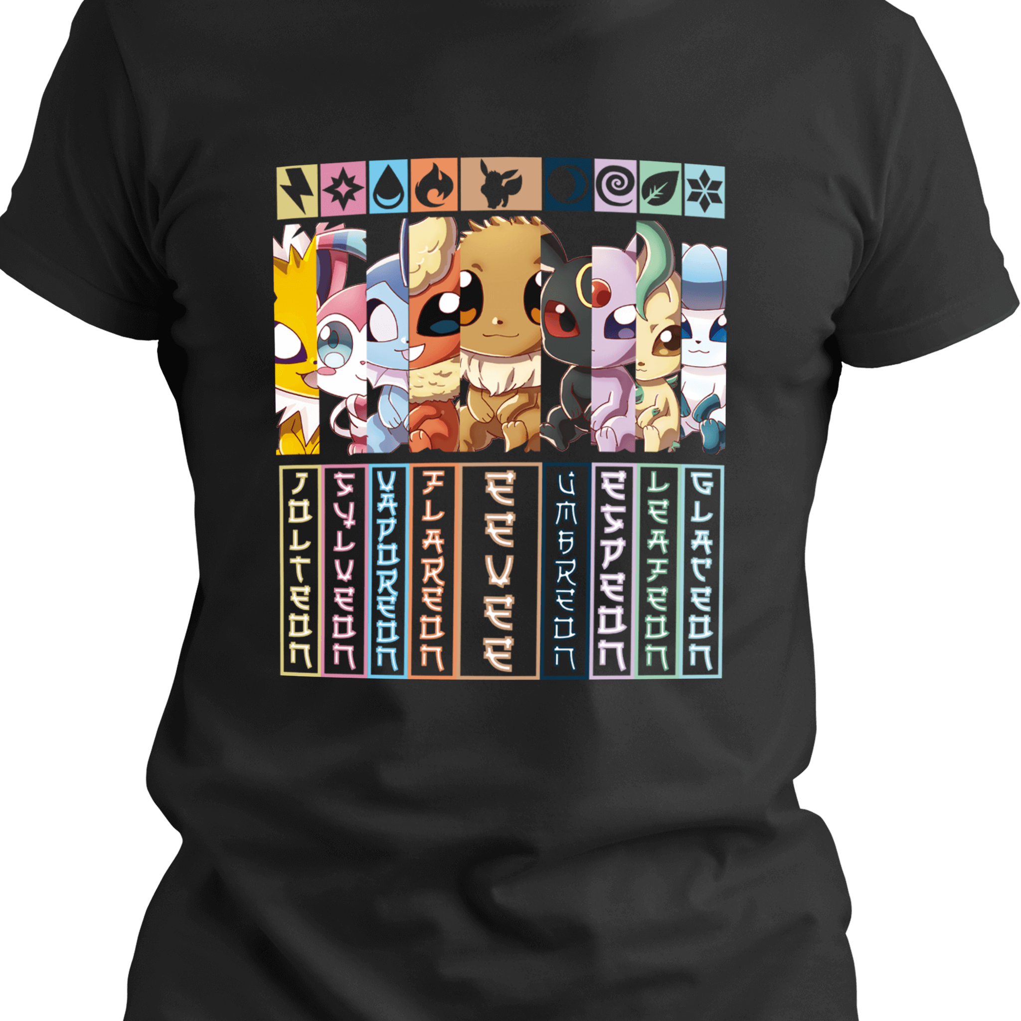 Kawaii black T-shirt featuring nine elemental chibi critters in vertical color panels, each representing powers like fire, ice, lightning, shadow, and more — arranged in a cute squad lineup with bold cartoon style