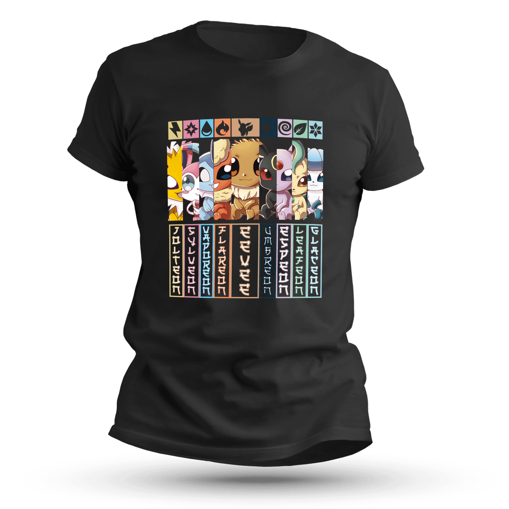 Black T-shirt with kawaii elemental critters in chibi style, lined up in vertical colored panels representing different powers like lightning, water, fire, and more