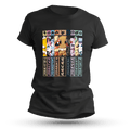 Black T-shirt with kawaii elemental critters in chibi style, lined up in vertical colored panels representing different powers like lightning, water, fire, and more