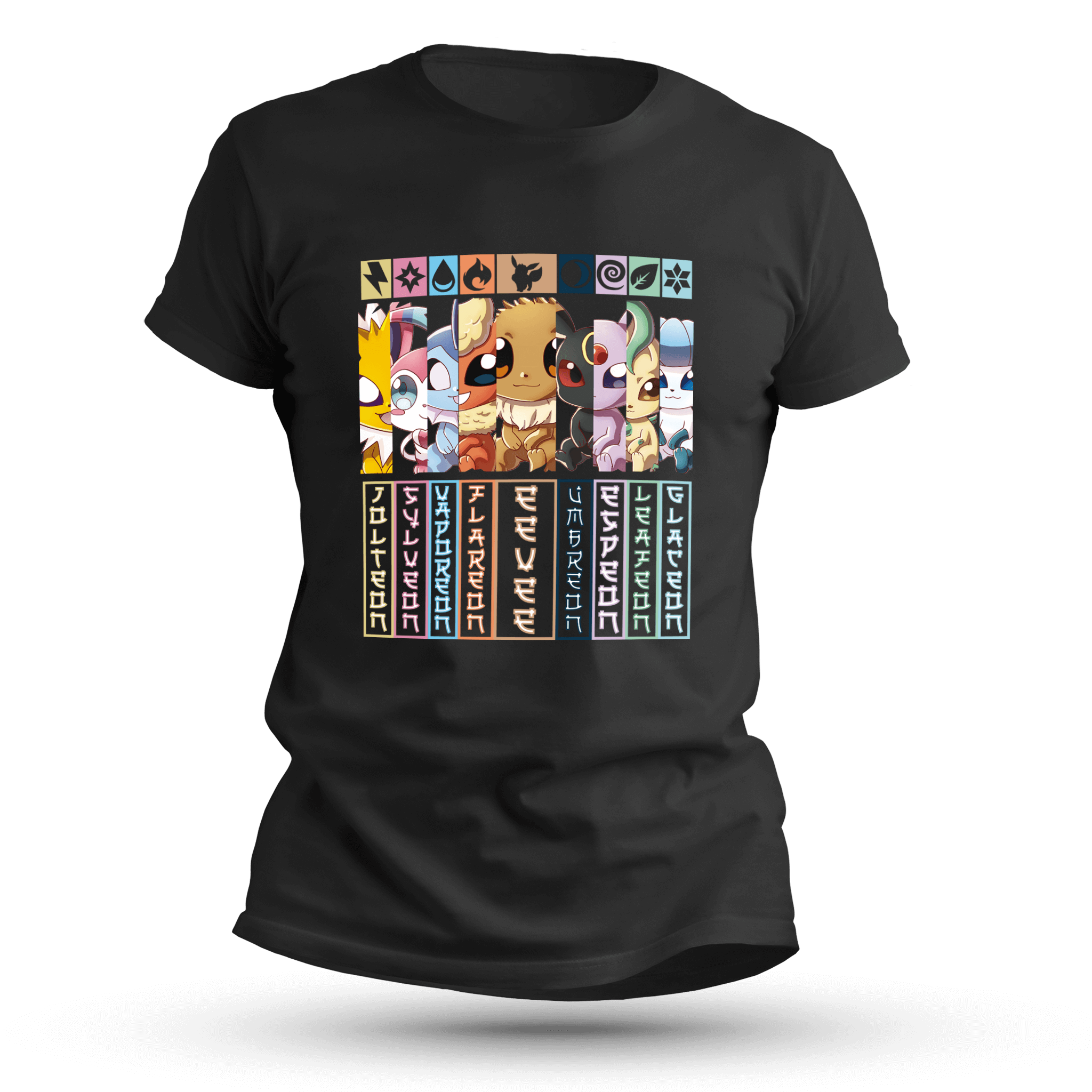 Black T-shirt with kawaii elemental critters in chibi style, lined up in vertical colored panels representing different powers like lightning, water, fire, and more