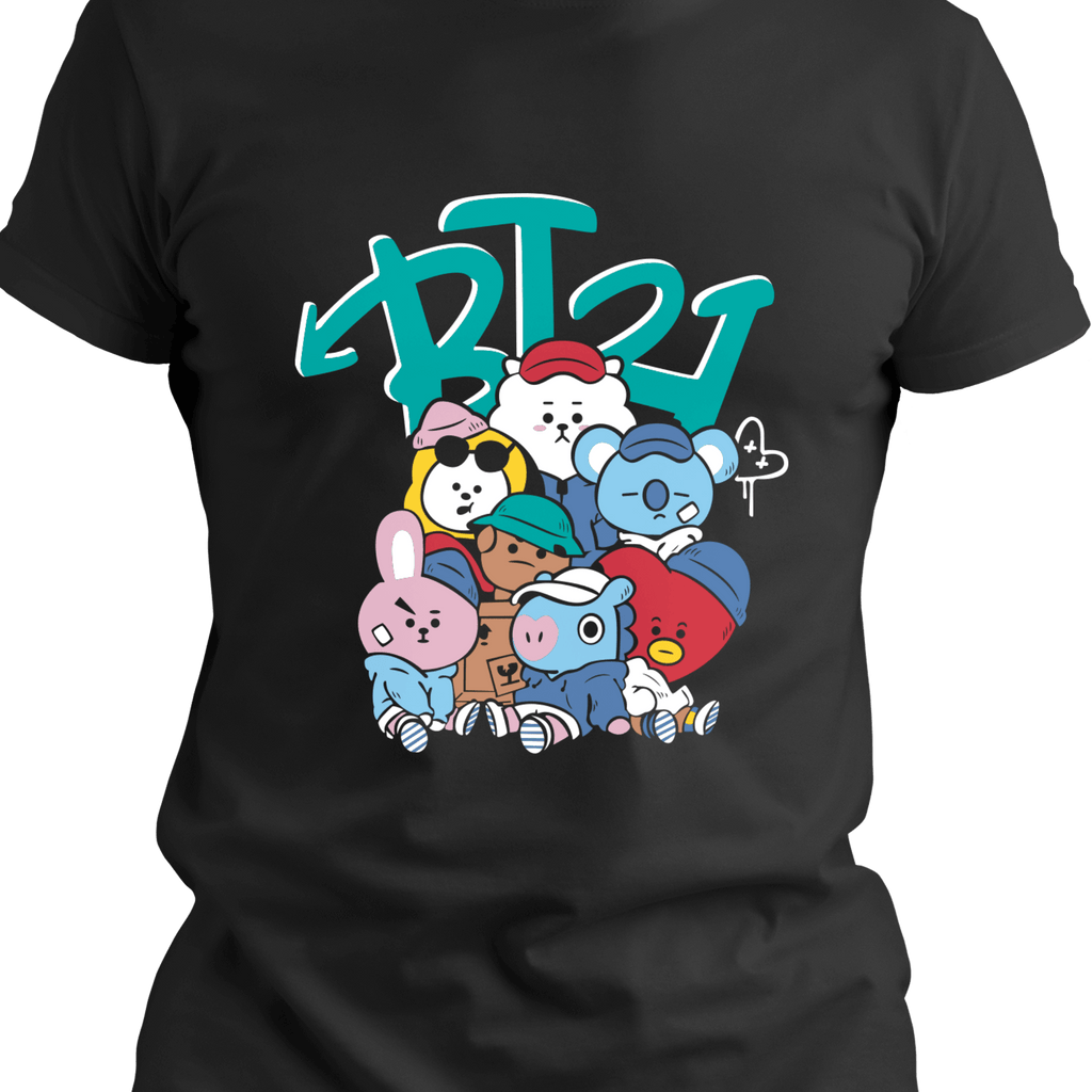 Black t-shirt featuring a colorful graphic of a group of seven cute, stylized animal and character mascots, popular in K-pop culture, in a graffiti-style design. The design is topped with a stylized blue logo.