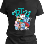 Black t-shirt featuring a colorful graphic of a group of seven cute, stylized animal and character mascots, popular in K-pop culture, in a graffiti-style design. The design is topped with a stylized blue logo.