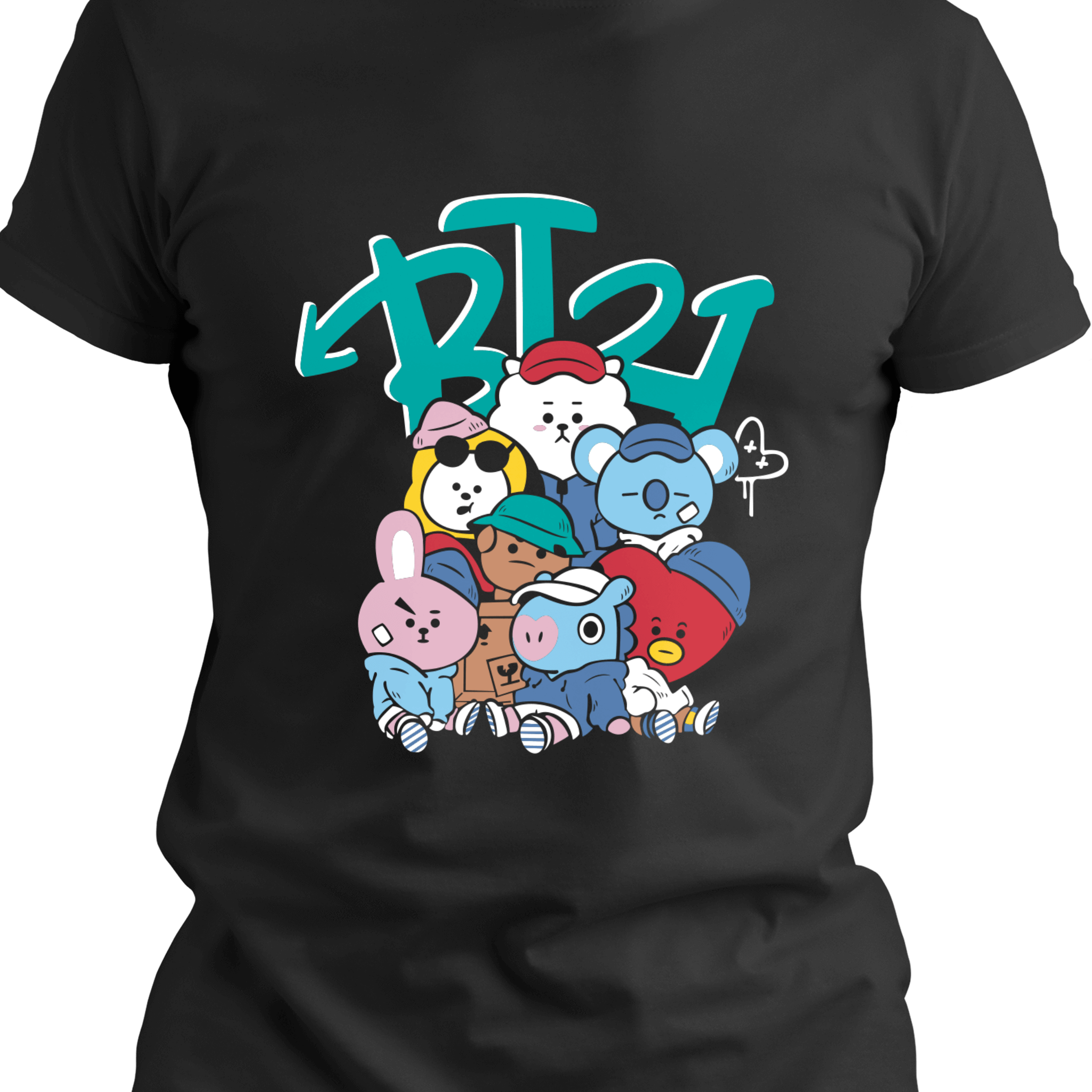 Black t-shirt featuring a colorful graphic of a group of seven cute, stylized animal and character mascots, popular in K-pop culture, in a graffiti-style design. The design is topped with a stylized blue logo.