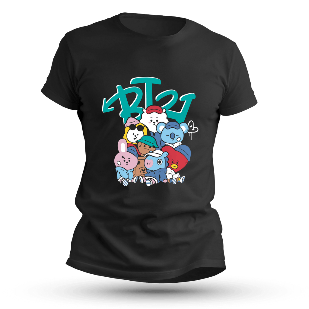 Black t-shirt featuring a colorful graphic of a group of seven cute, stylized animal and character mascots, popular in K-pop culture, in a graffiti-style design. The design is topped with a stylized blue logo.
