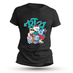 Black t-shirt featuring a colorful graphic of a group of seven cute, stylized animal and character mascots, popular in K-pop culture, in a graffiti-style design. The design is topped with a stylized blue logo.