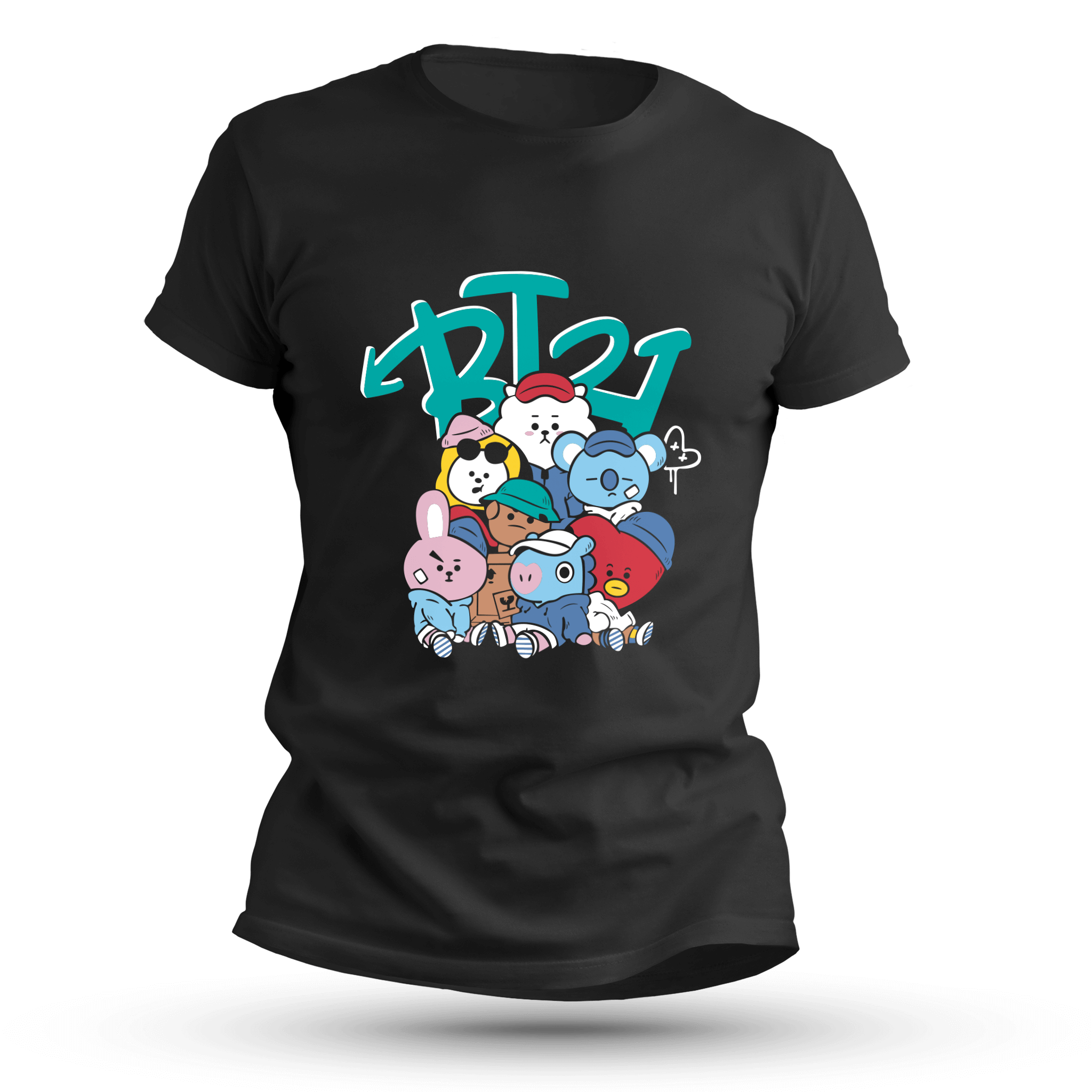 Black t-shirt featuring a colorful graphic of a group of seven cute, stylized animal and character mascots, popular in K-pop culture, in a graffiti-style design. The design is topped with a stylized blue logo.