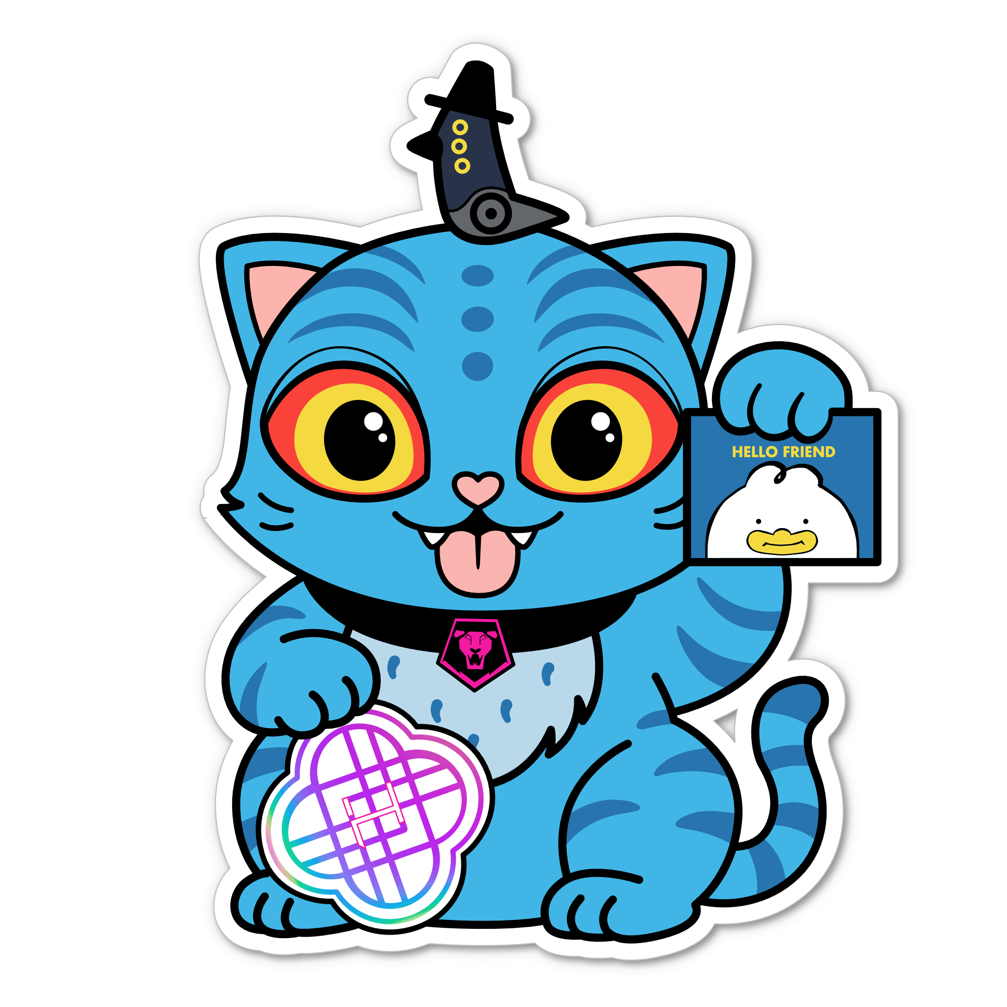 A cartoon-style blue cat with orange-yellow eyes, a pink nose, and its tongue sticking out. The cat wears a small black wizard hat with a yellow dot, and a black collar with a pink gem tag. It holds a colorful abstract circular design in one paw and a blue card that says “HELLO FRIEND” with a white duck illustration in the other paw