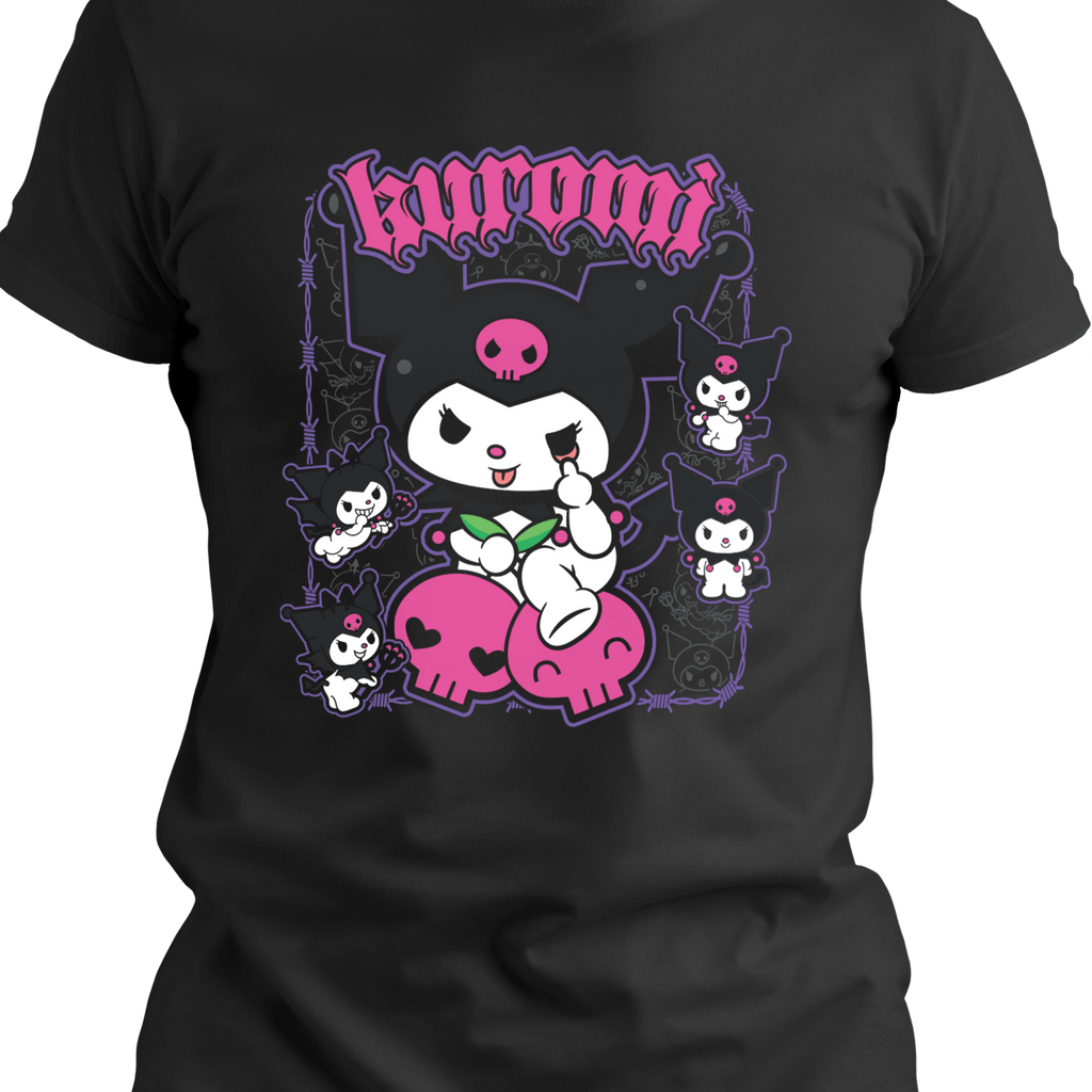 Chibi goth bunny character sitting on a pastel skull, surrounded by tiny mischief minions on a black tee with spiderweb accents in cute spooky style