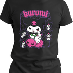 Chibi goth bunny character sitting on a pastel skull, surrounded by tiny mischief minions on a black tee with spiderweb accents in cute spooky style