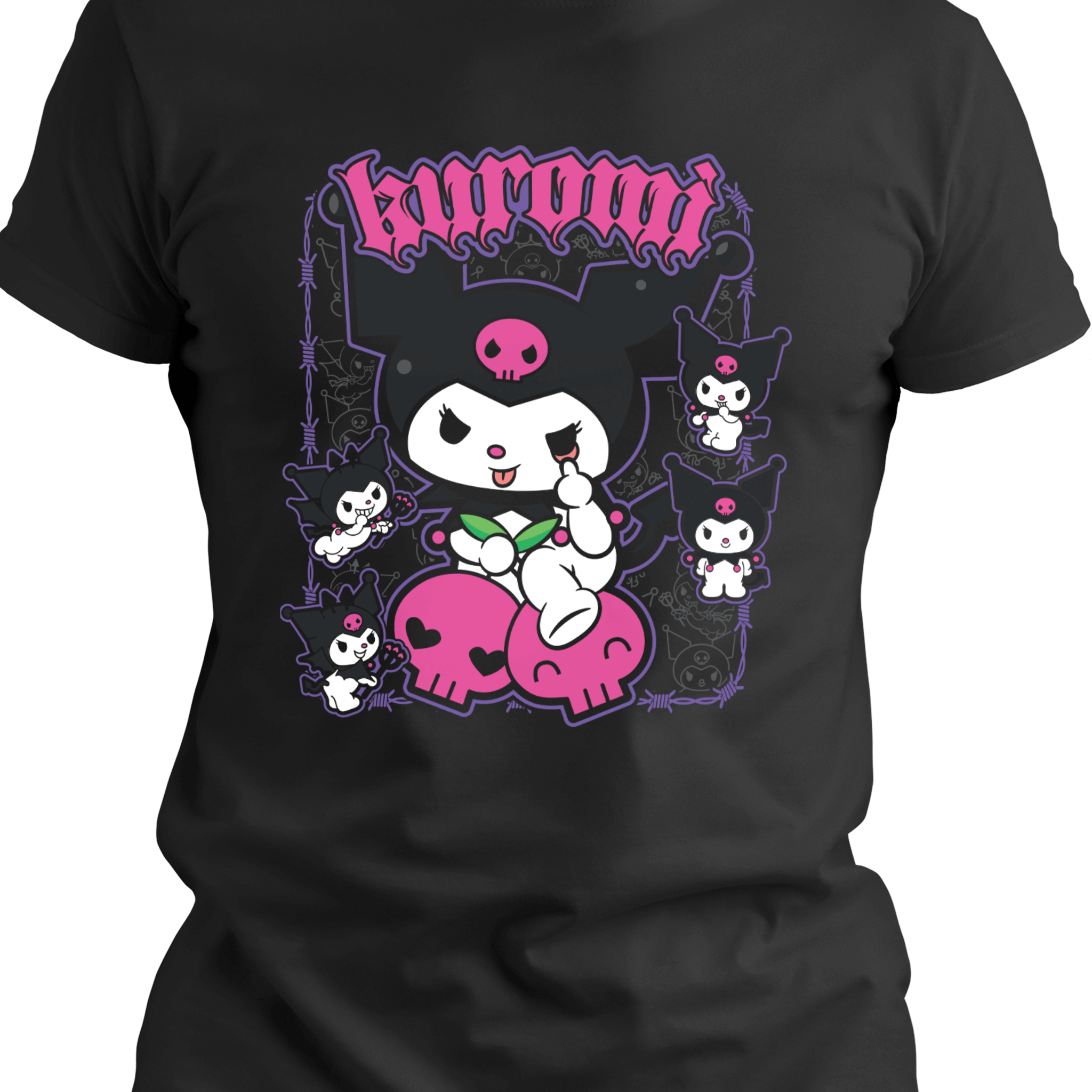 Chibi goth bunny character sitting on a pastel skull, surrounded by tiny mischief minions on a black tee with spiderweb accents in cute spooky style
