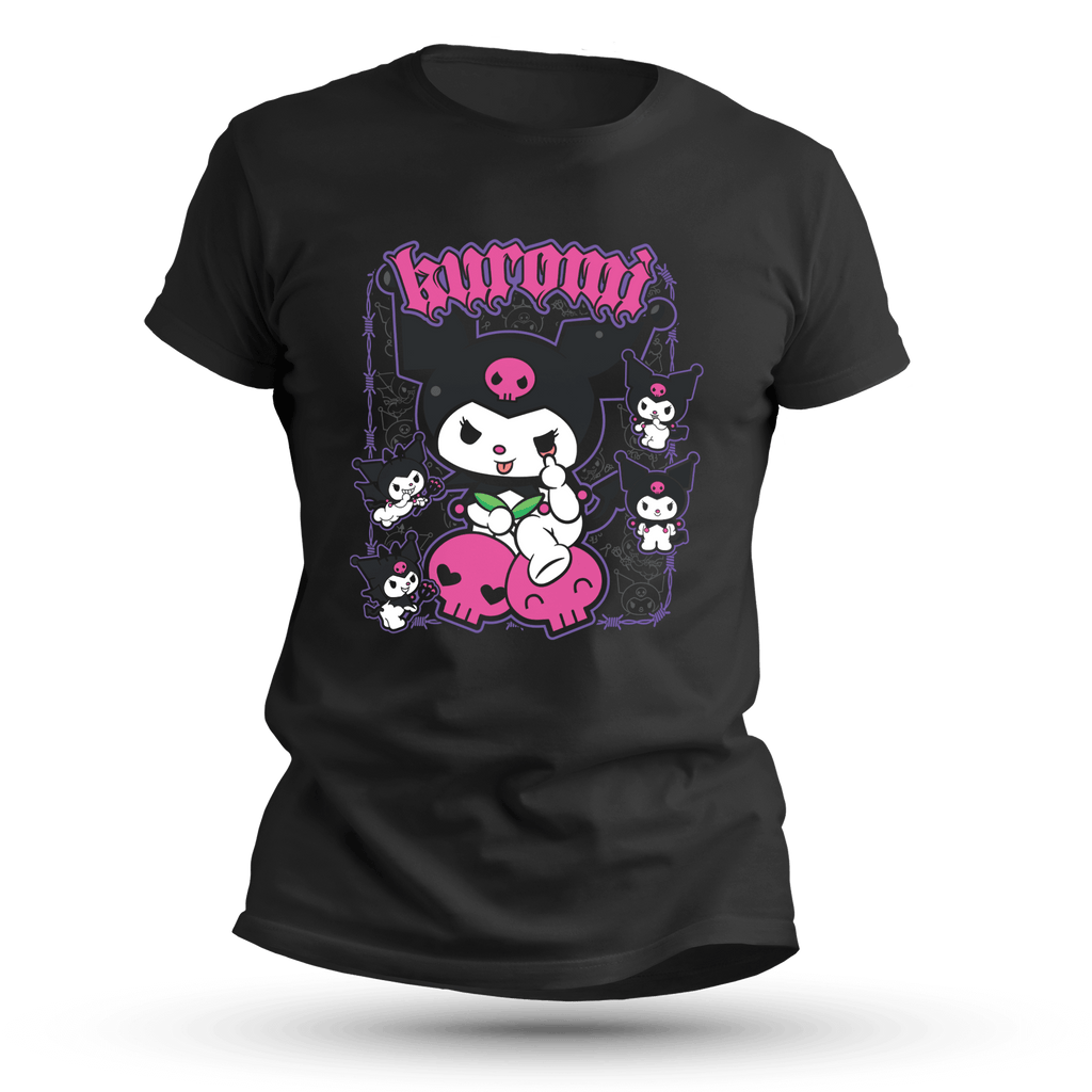 Black T-shirt featuring a chibi goth bunny character with skulls and mini sidekick versions, styled in bold pink and white on a black background