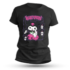 Black T-shirt featuring a chibi goth bunny character with skulls and mini sidekick versions, styled in bold pink and white on a black background