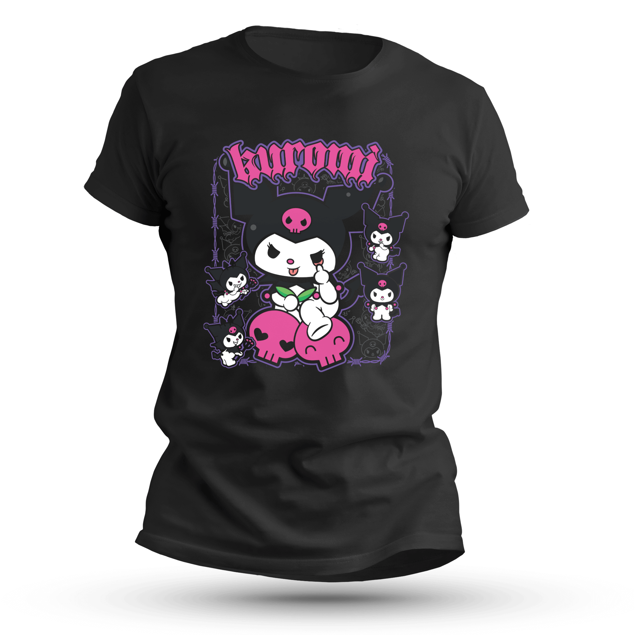 Black T-shirt featuring a chibi goth bunny character with skulls and mini sidekick versions, styled in bold pink and white on a black background