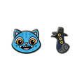 Cartoon blue cat face with a witch hat on a black background
