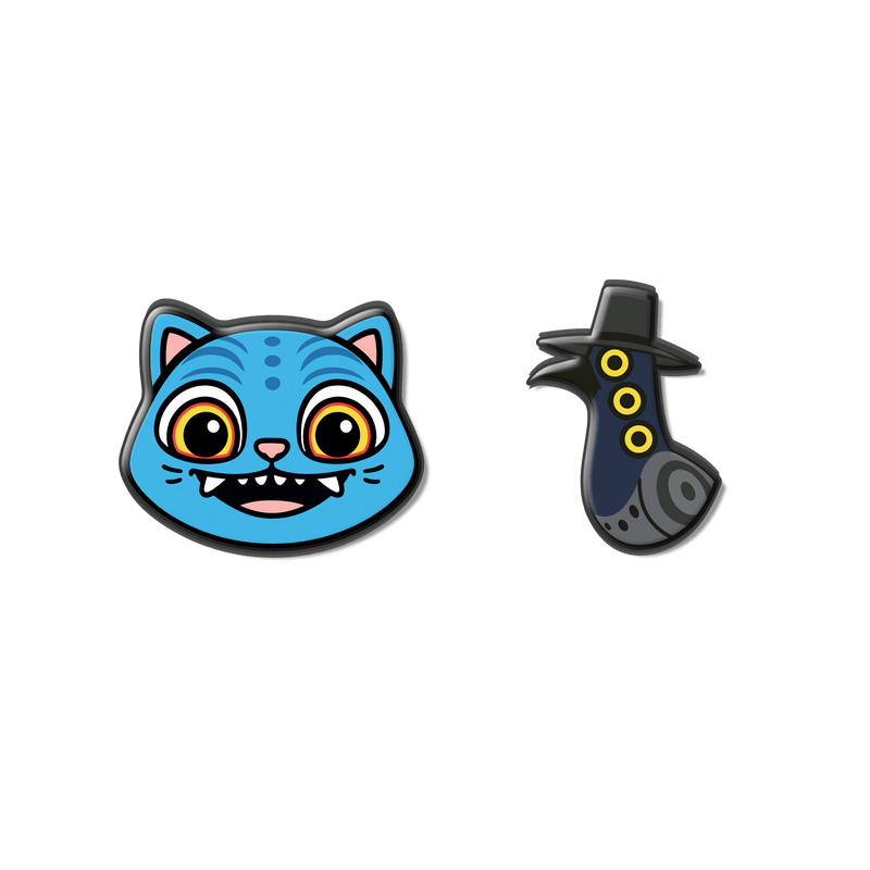 Cartoon blue cat face with a witch hat on a black background