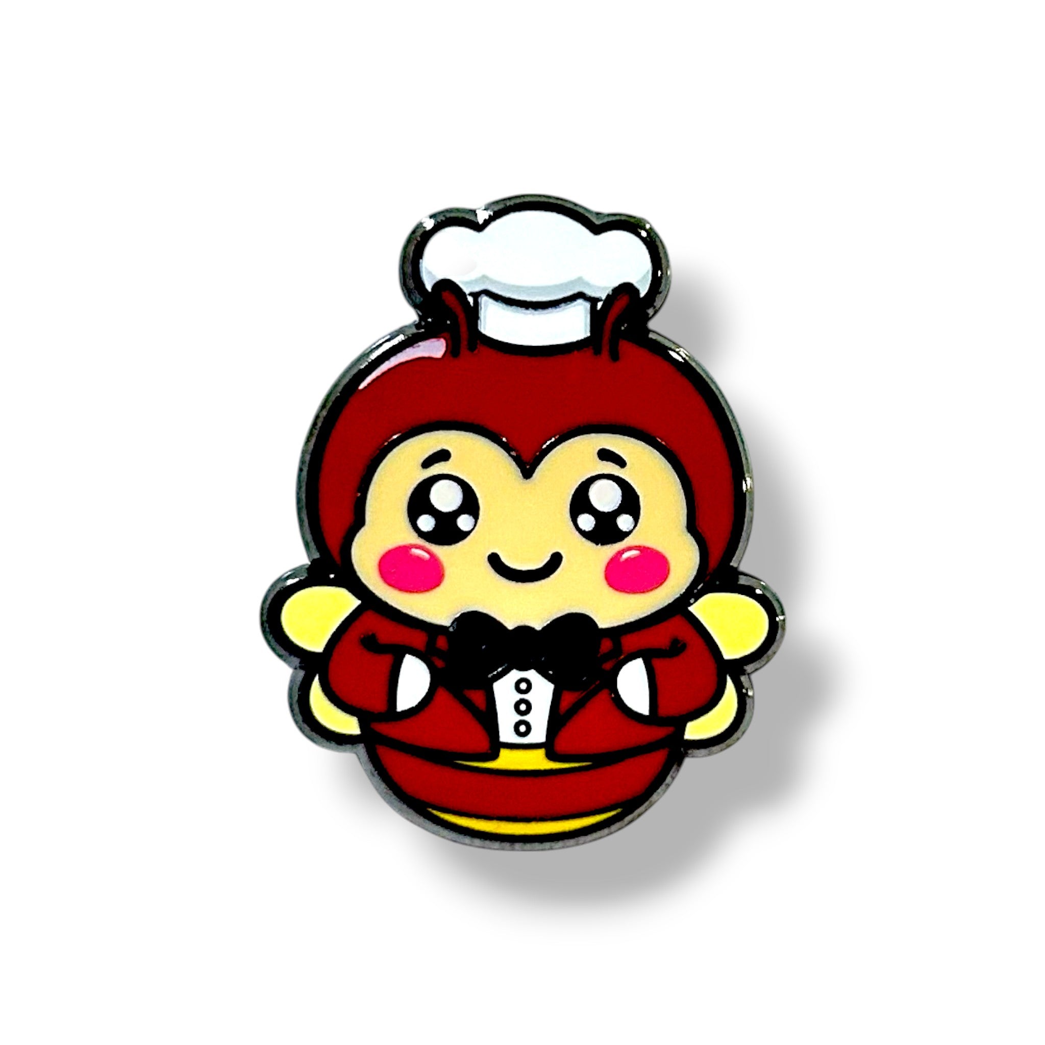 Cute cartoon bee character in a red tuxedo with black bow tie and white chef’s hat, smiling with large sparkling eyes, rosy cheeks, and yellow wings