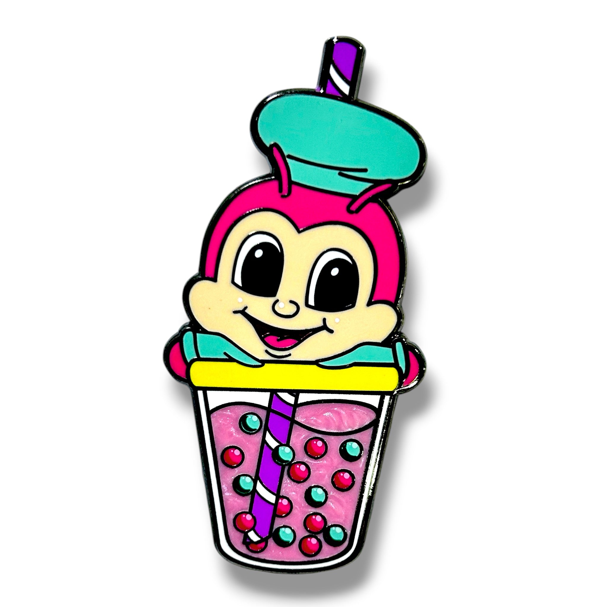 Playful cartoon-style bee character with a teal hat, smiling face, and arms wrapped around a bubble tea cup filled with pink liquid, red and green tapioca pearls, and a purple-striped straw, illustrated in a vibrant kawaii style