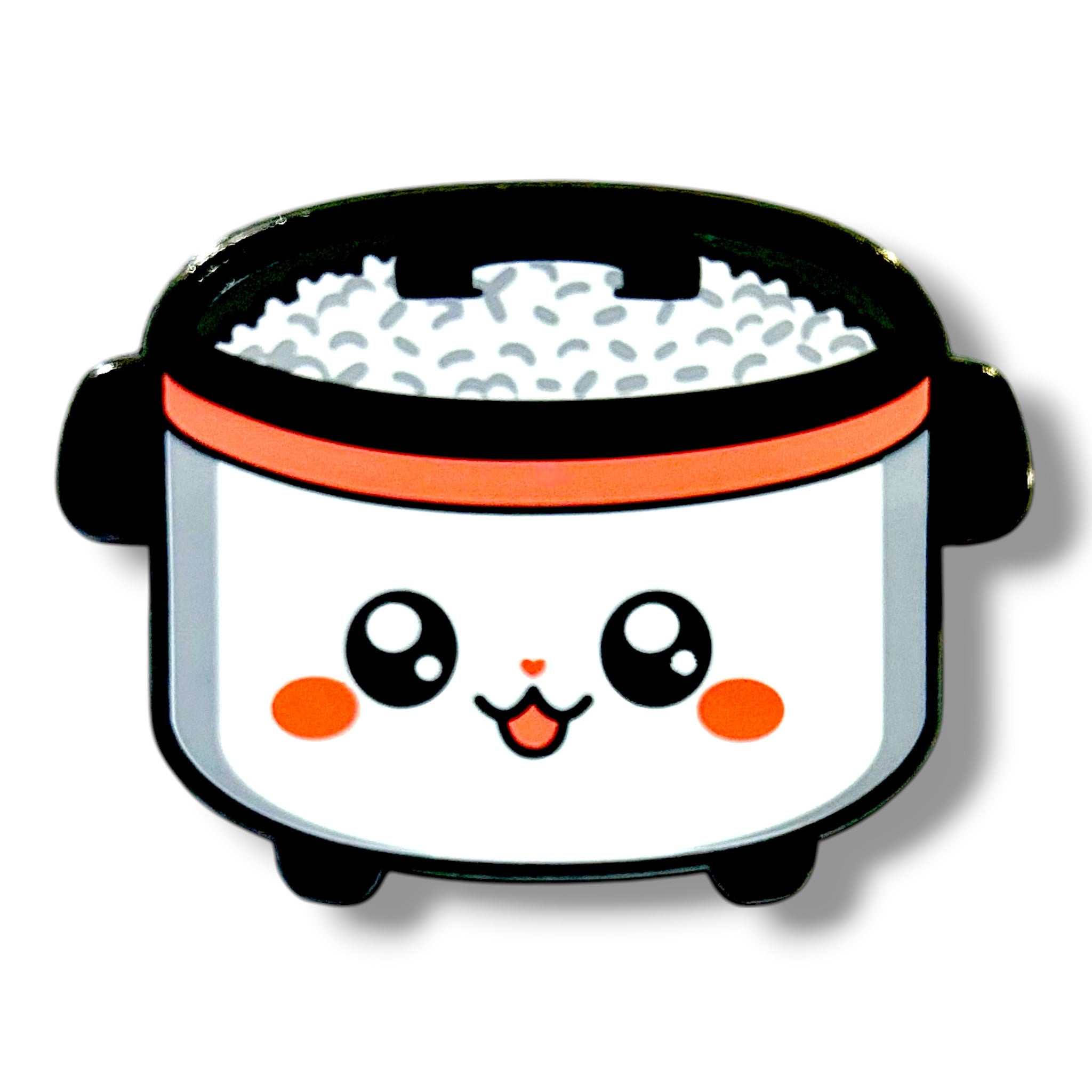 "Cute cartoon rice cooker character with large eyes, rosy cheeks, and a red heart-shaped nose, smiling with cooked white rice inside and a red band around the lid.