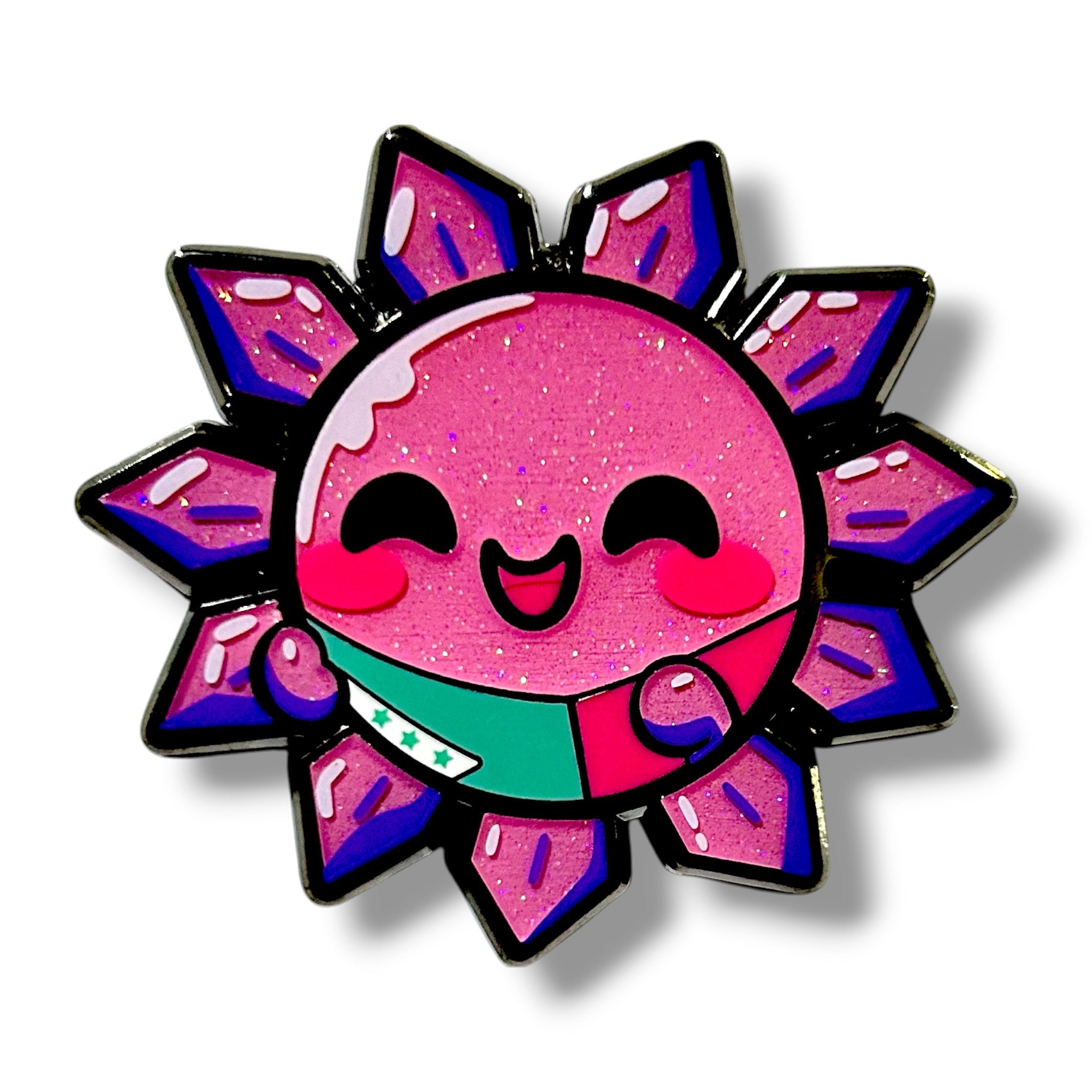 Cheerful cartoon character with a round pink face and purple petal-like rays, holding a green, white, and red flag with three green stars resembling the Syrian flag.