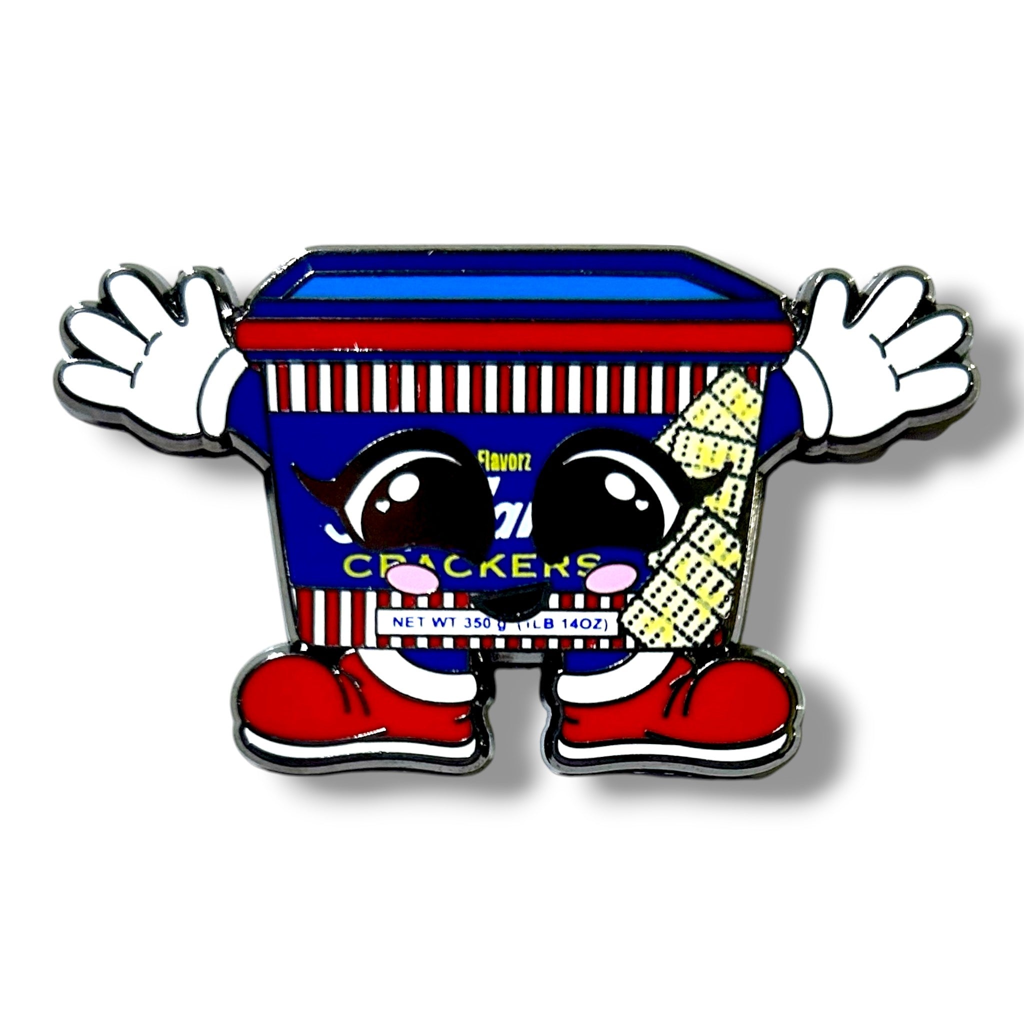 Cartoon-style cracker box character with expressive eyes, red shoes, and white gloves, featuring red-and-white stripes, a blue top, and a yellow patch, labeled 'FLAVOR CRACKERS' with net weight details.