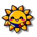 Smiling cartoon sun with pink cheeks and stylized orange-yellow rays, holding a Philippine flag with blue, red, white, and yellow sun and stars