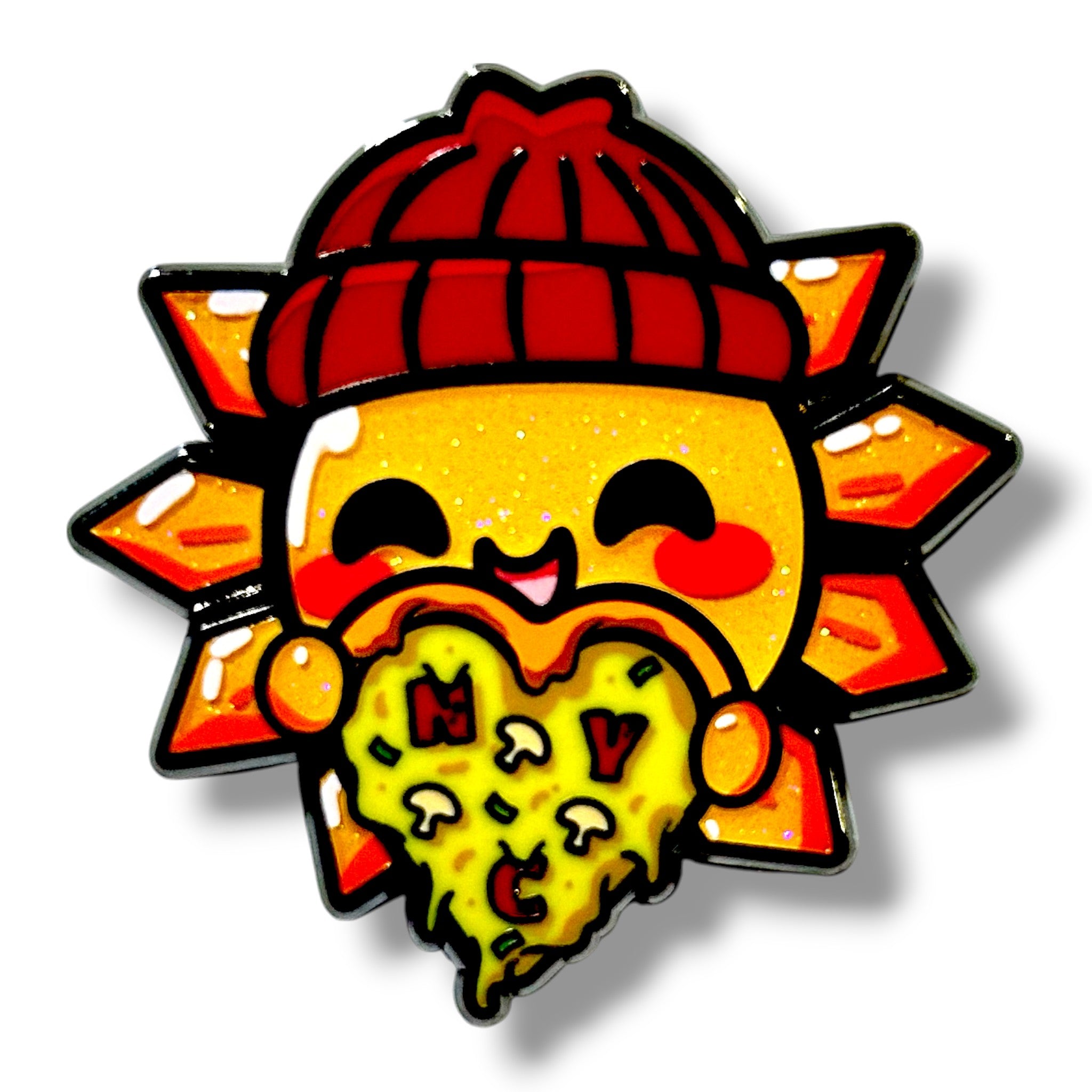 Cartoon sun wearing a red beanie, smiling and holding a heart-shaped NYC pizza with pepperoni and mushrooms, surrounded by stylized orange and yellow ray