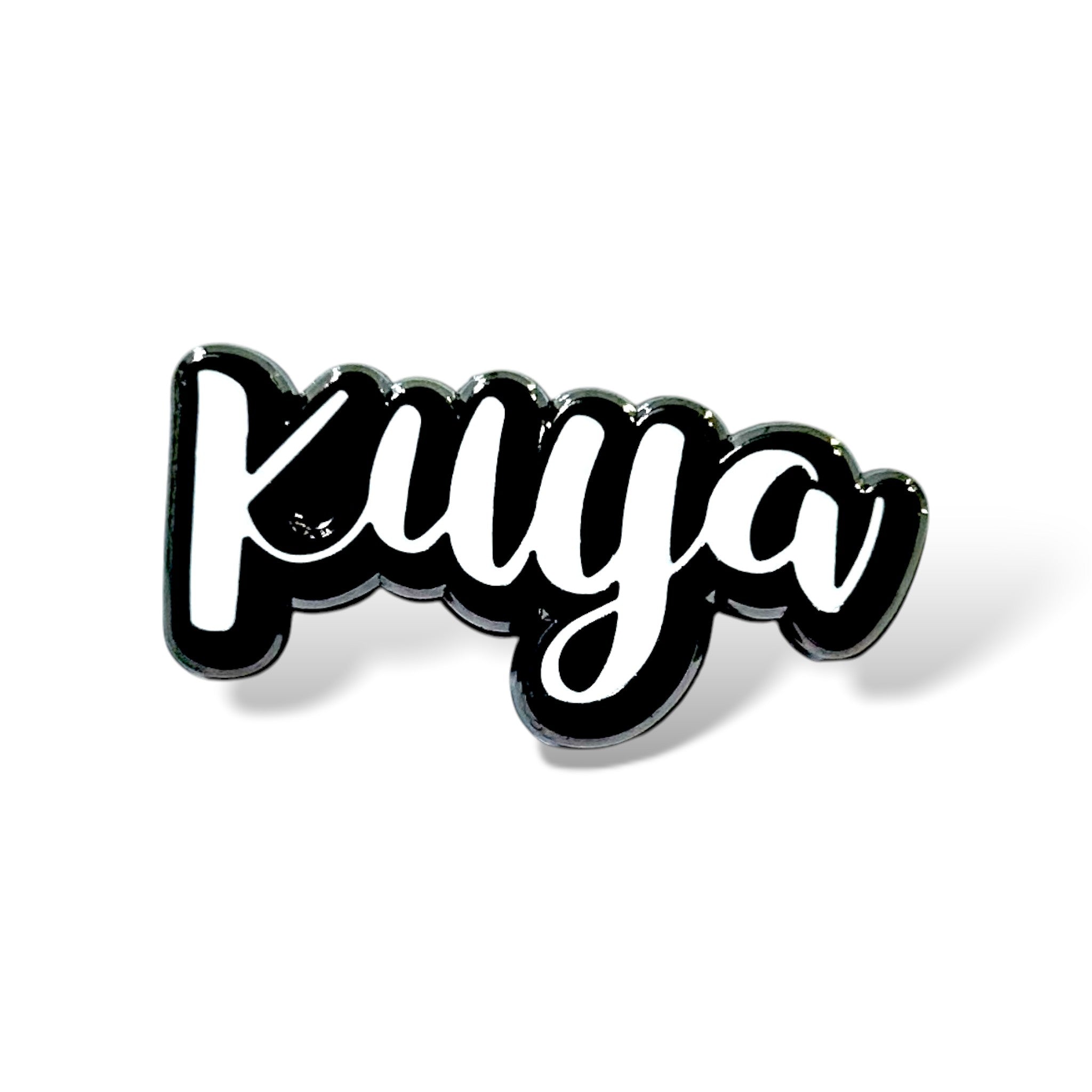 Stylized cursive text 'Kuya' in white with a bold black outline and glossy finish, designed with a sticker-like appearance to highlight Filipino male identity and cultural pride
