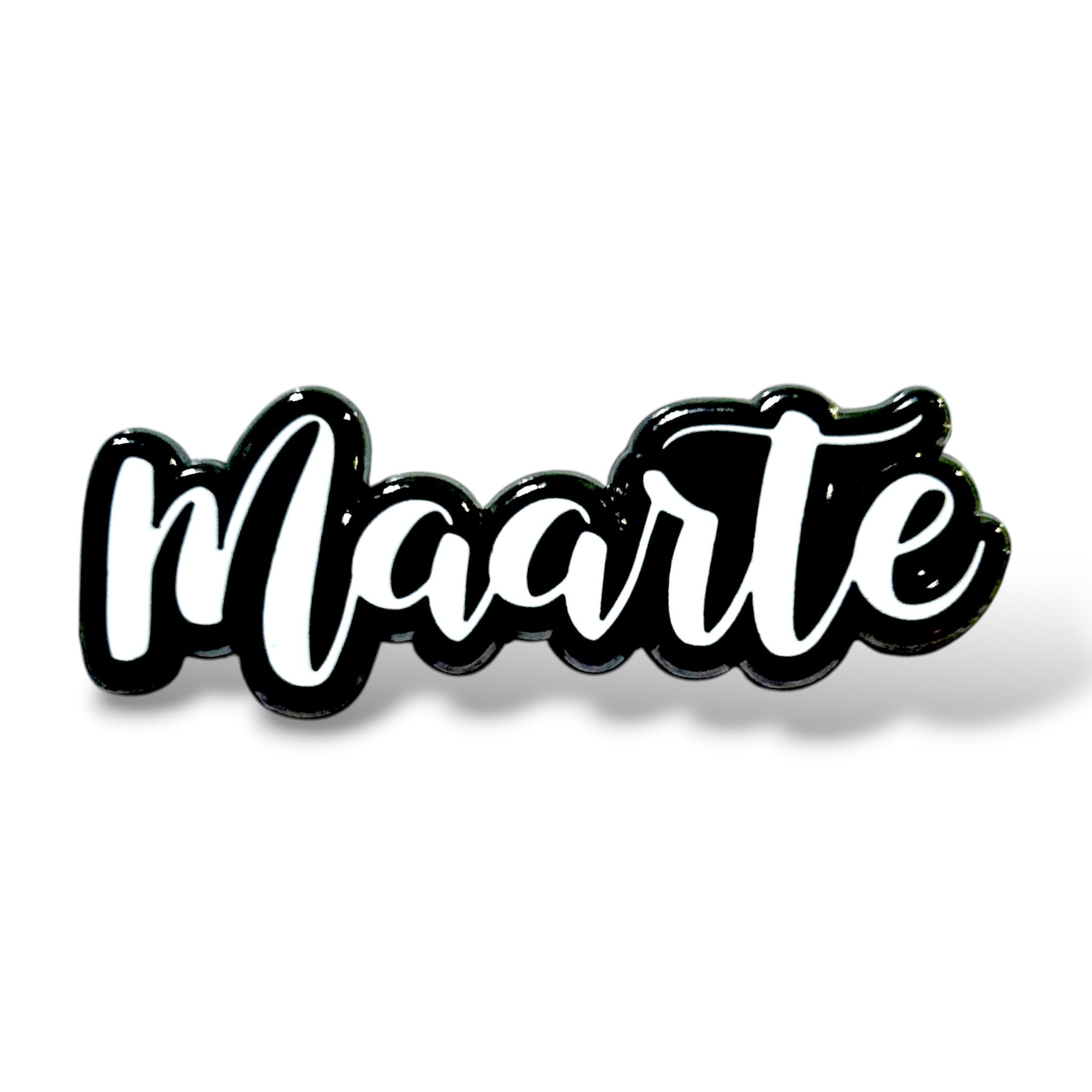 Stylized cursive text 'Maarte' in white with a bold glossy black outline and soft shadow, creating a three-dimensional effect