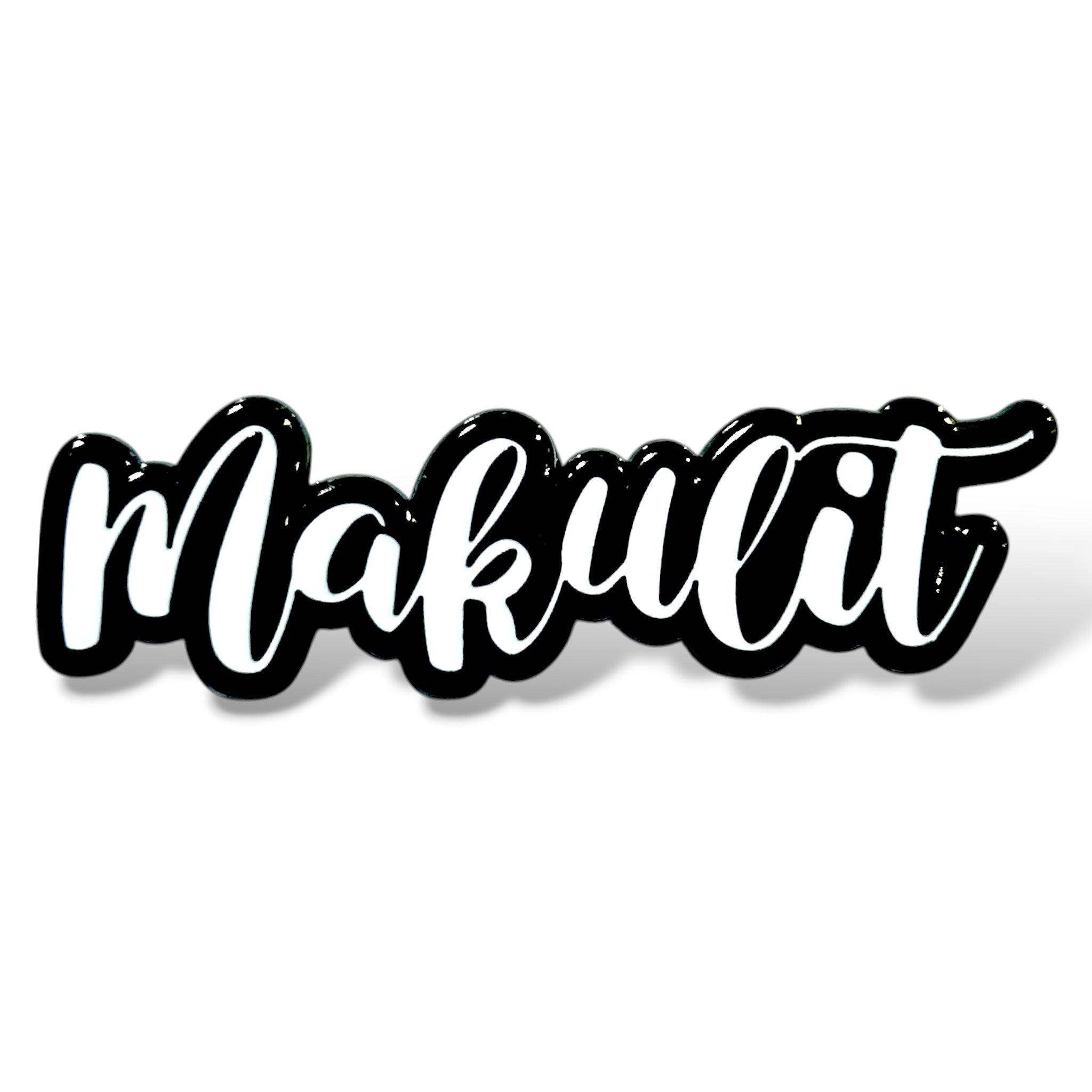 Stylized cursive text 'Makulit' in white with a bold black outline, creating a playful sticker-like appearance with strong contrast and expressive flair.