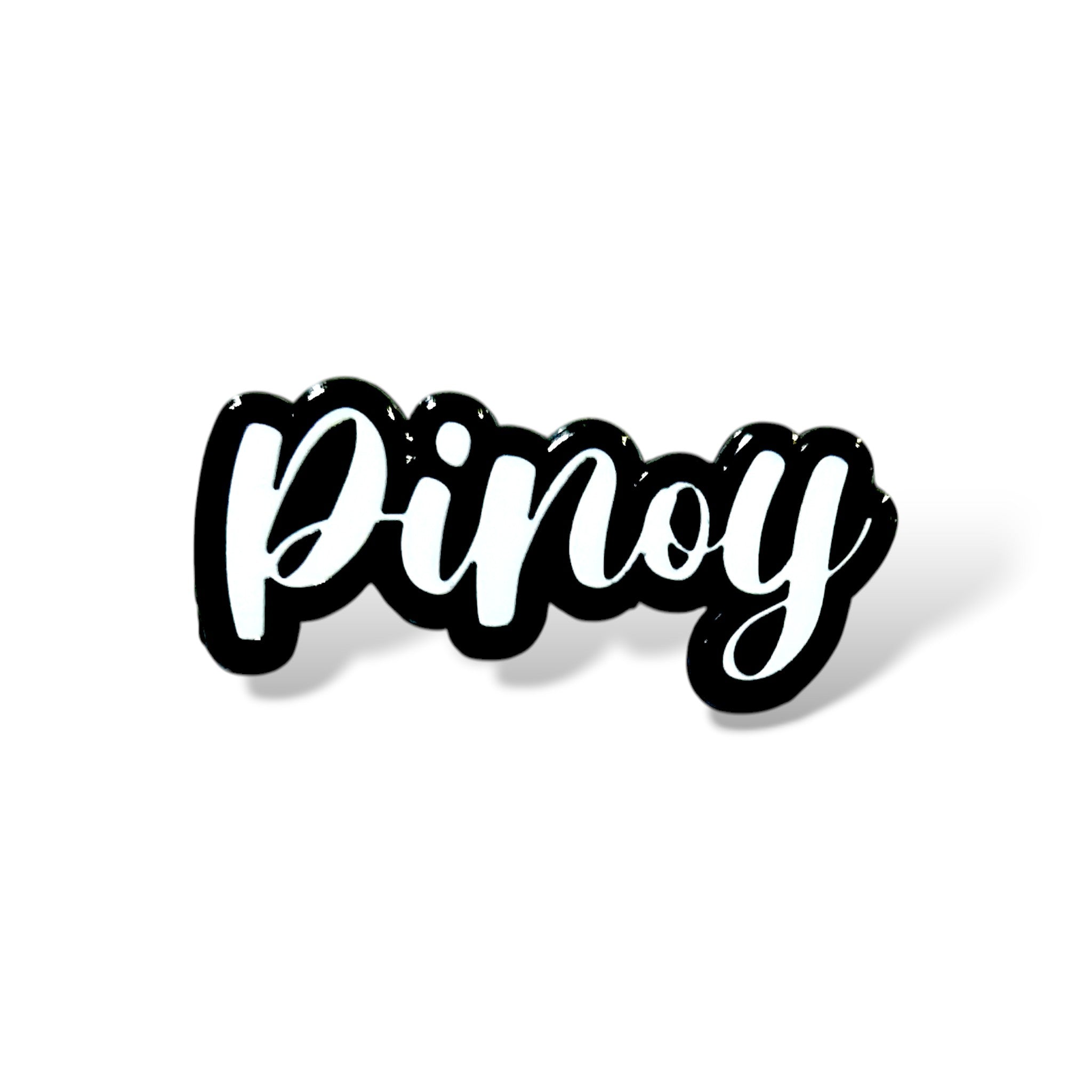 Stylized cursive text 'Pinoy' in white with a bold black shadow, slightly tilted and designed with a sticker-like appearance for expressive, cultural flair