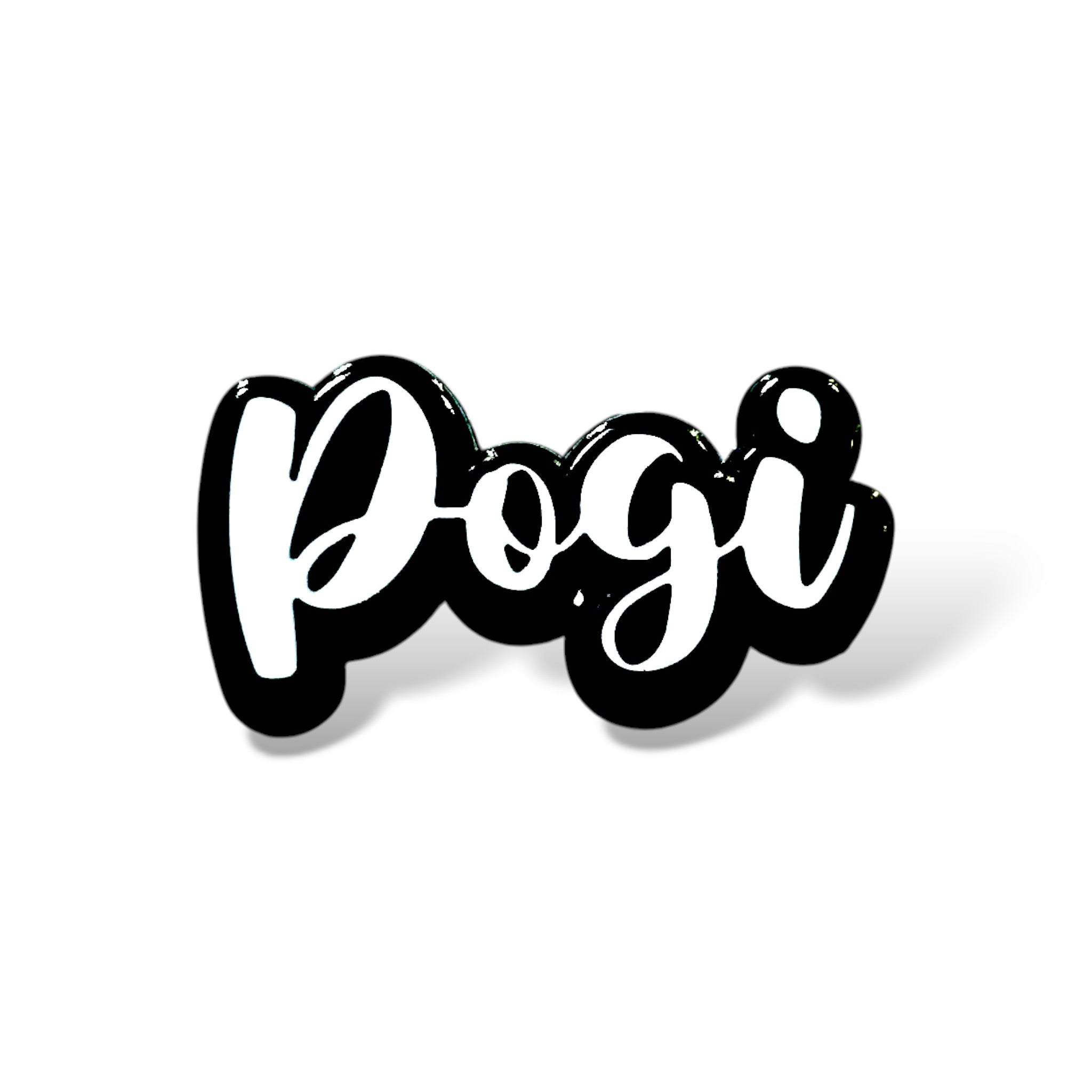 Stylized cursive text 'Pogi' in white with a bold black outline and glossy finish, designed with a sticker-like look to highlight Filipino male charm and cultural pride