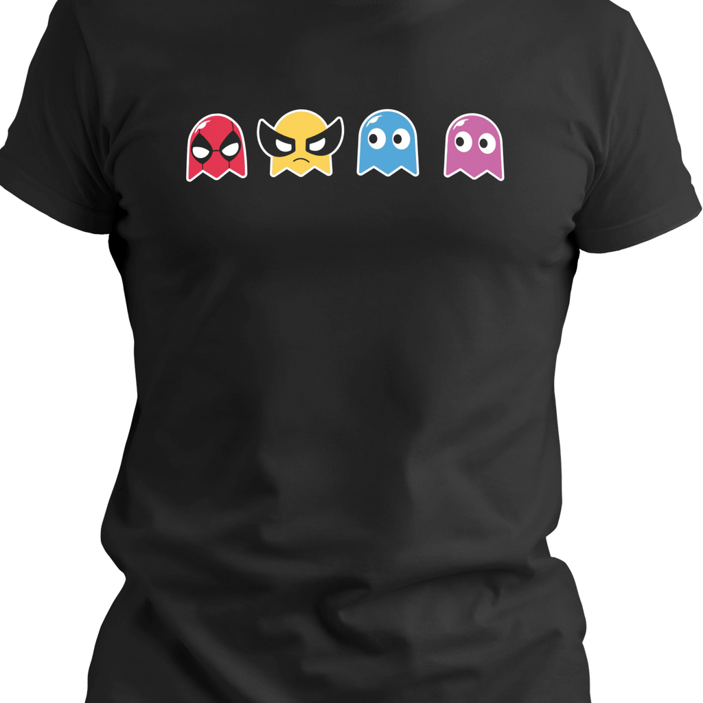 Black T-shirt with four colorful pixel ghost characters styled with comic-inspired expressions, blending retro arcade vibes with superhero attitude