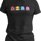 Black T-shirt with four colorful pixel ghost characters styled with comic-inspired expressions, blending retro arcade vibes with superhero attitude