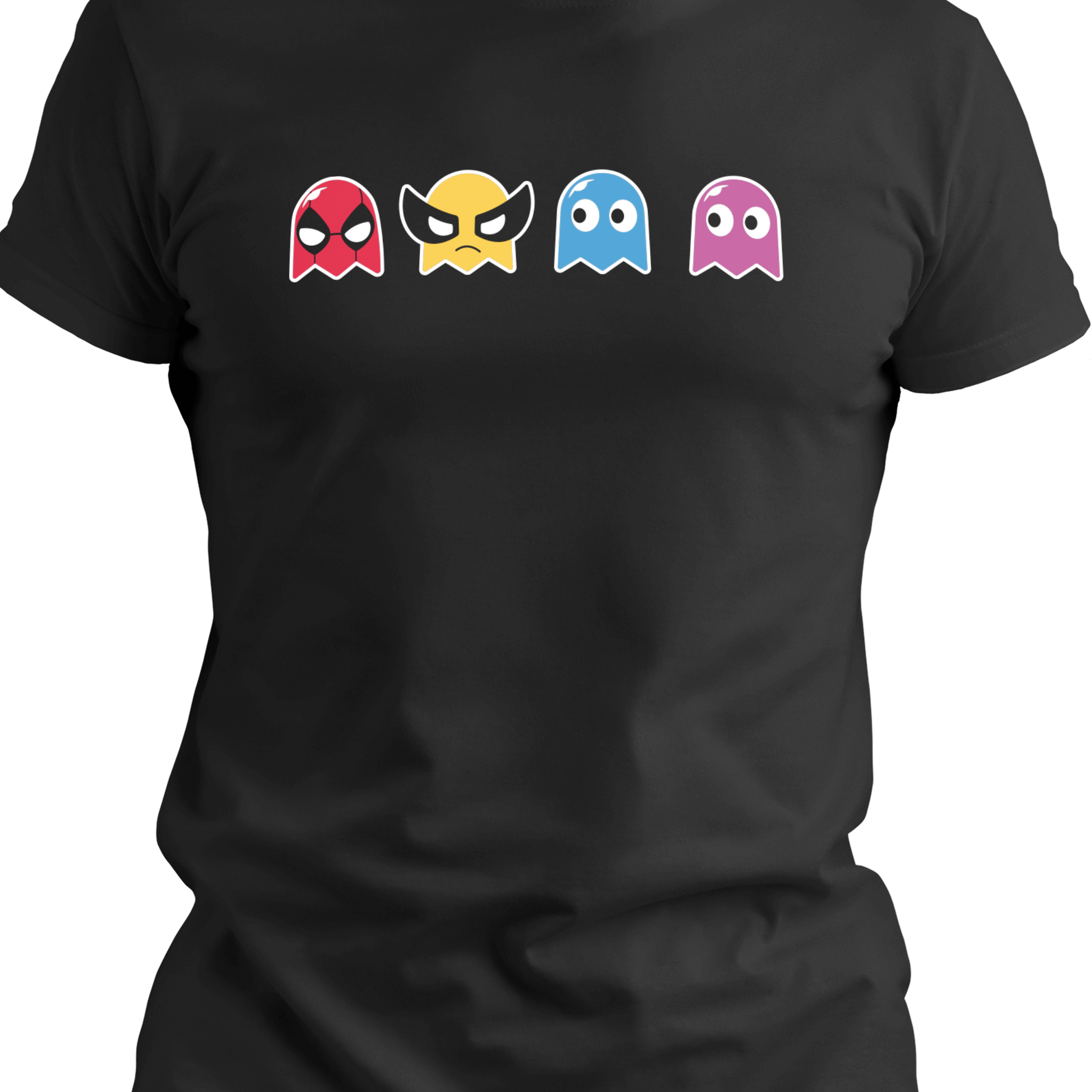 Black T-shirt with four colorful pixel ghost characters styled with comic-inspired expressions, blending retro arcade vibes with superhero attitude