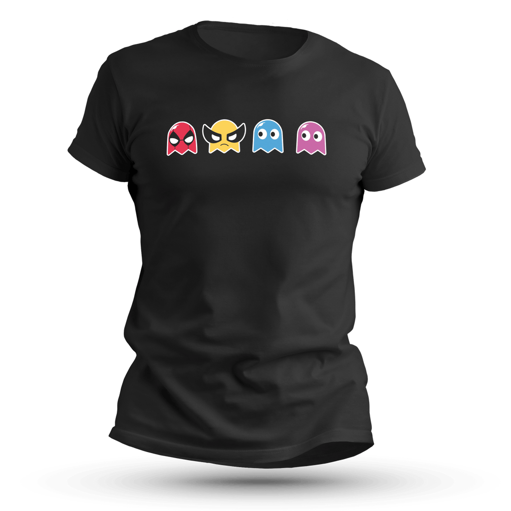 Black T-shirt featuring four pixel-style ghosts in red, yellow, blue, and pink, with comic-inspired facial features in a playful retro gamer design