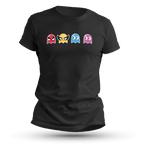 Black T-shirt featuring four pixel-style ghosts in red, yellow, blue, and pink, with comic-inspired facial features in a playful retro gamer design