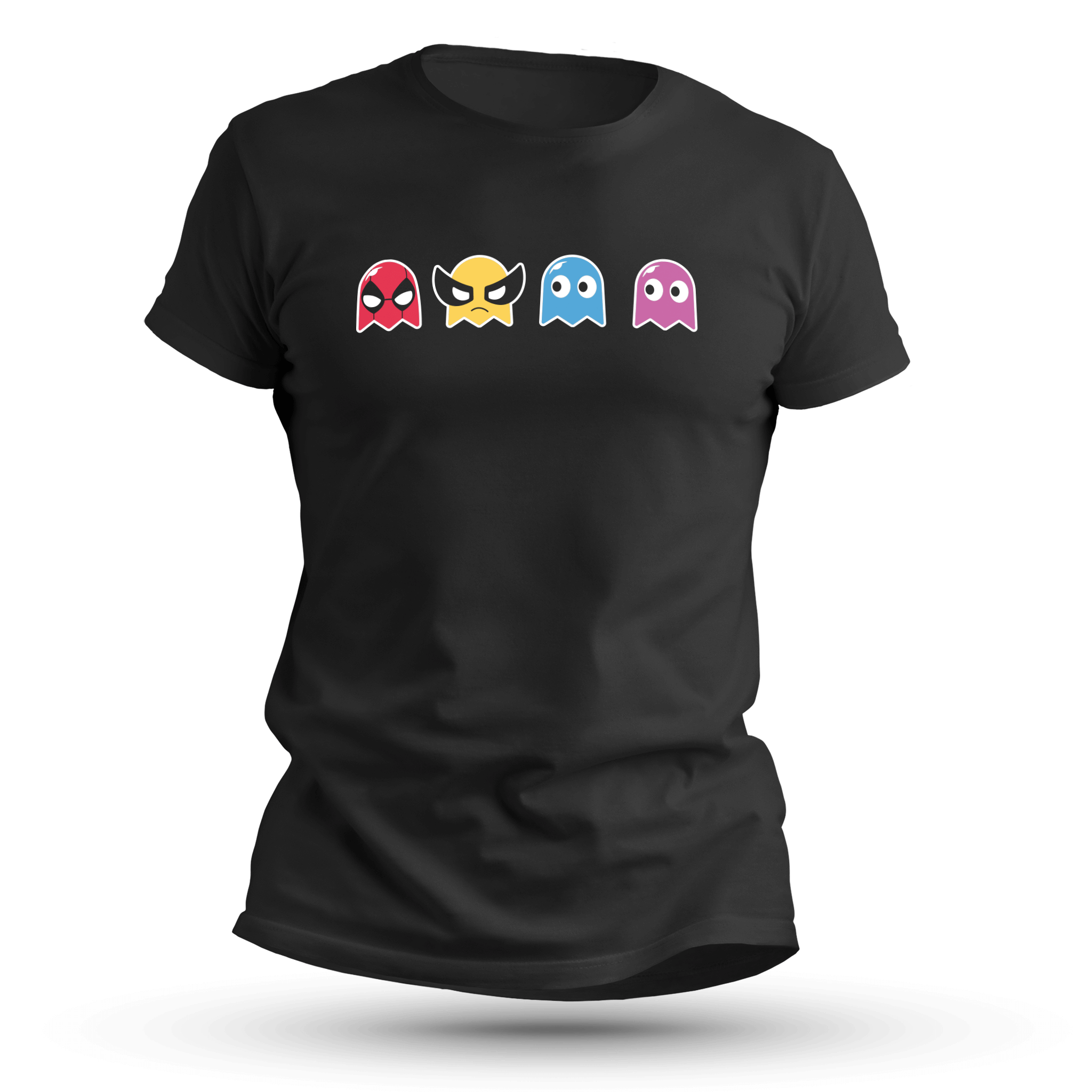 Black T-shirt featuring four pixel-style ghosts in red, yellow, blue, and pink, with comic-inspired facial features in a playful retro gamer design