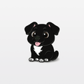 Pixel the Pup black dog illustration with floppy ears, big brown eyes, and pink tongue — anime-inspired design for enamel jewelry and pins.