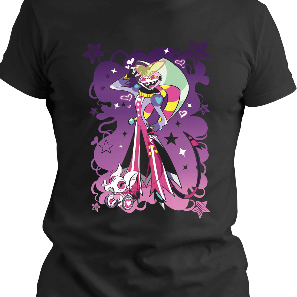Black graphic tee featuring a vibrant jester-themed demon character with a wide grin, dramatic pose, and heart-eyed robotic companion, surrounded by stars and bold swirls.