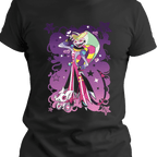 Black graphic tee featuring a vibrant jester-themed demon character with a wide grin, dramatic pose, and heart-eyed robotic companion, surrounded by stars and bold swirls.
