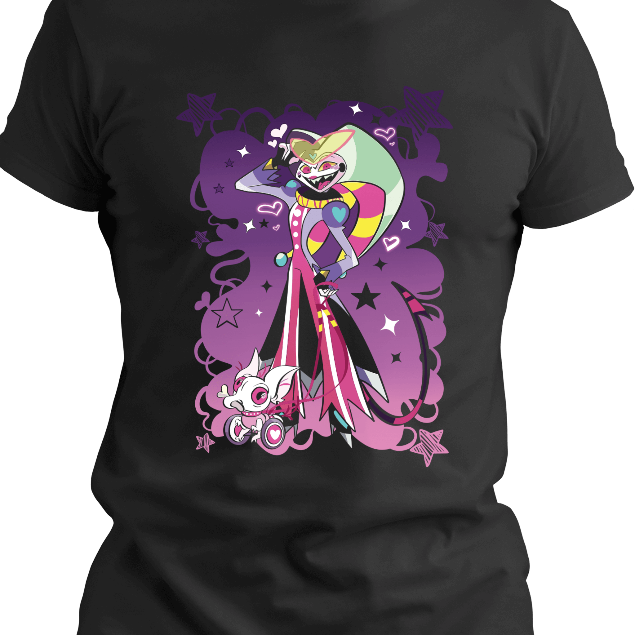 Black graphic tee featuring a vibrant jester-themed demon character with a wide grin, dramatic pose, and heart-eyed robotic companion, surrounded by stars and bold swirls.