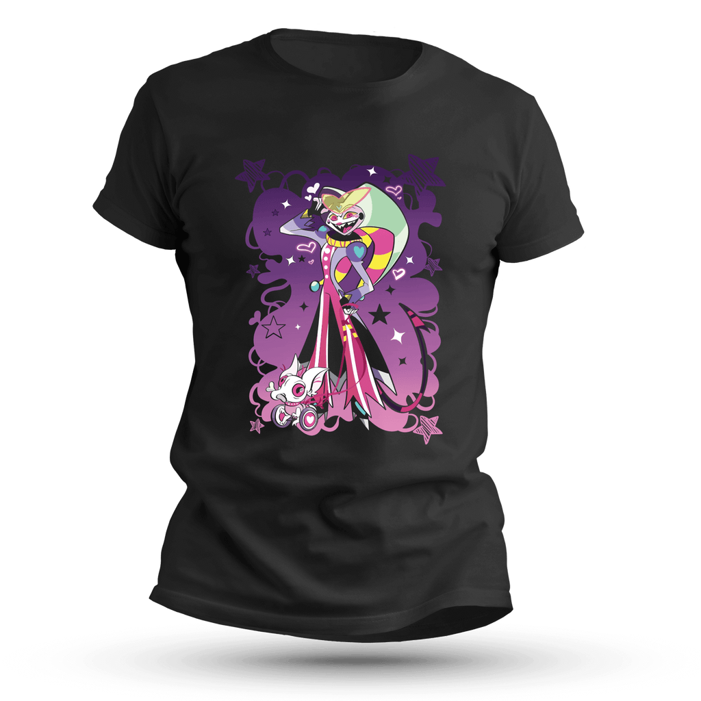 Black T-shirt featuring a colorful jester demon character with a mischievous grin and heart-eyed robotic pet, surrounded by purple and pink star-themed accents.