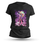 Black T-shirt featuring a colorful jester demon character with a mischievous grin and heart-eyed robotic pet, surrounded by purple and pink star-themed accents.