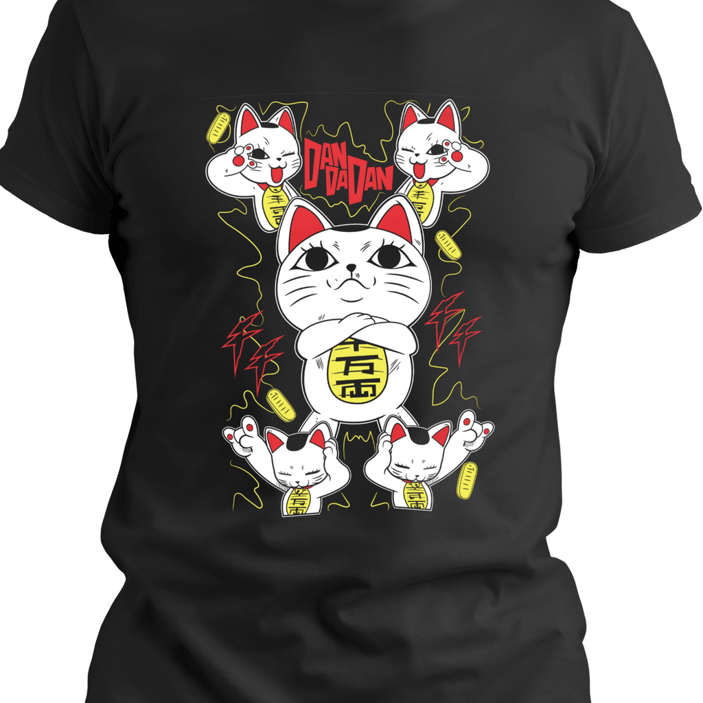 Black T-shirt featuring a bold, stylized lucky cat character with psychic manga energy, lightning bolts, and floating coins in Japanese-inspired design