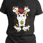 Black T-shirt featuring a bold, stylized lucky cat character with psychic manga energy, lightning bolts, and floating coins in Japanese-inspired design