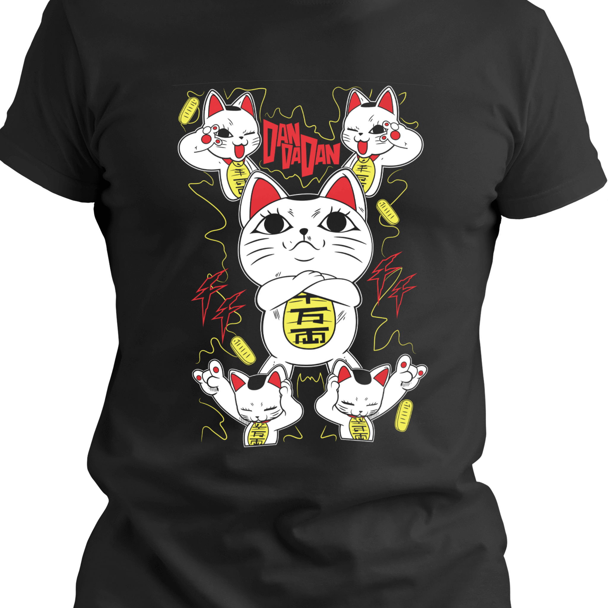 Black T-shirt featuring a bold, stylized lucky cat character with psychic manga energy, lightning bolts, and floating coins in Japanese-inspired design