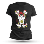 Stylized black T-shirt featuring a bold chibi lucky cat with lightning effects, floating coins, and manga-inspired psychic energy in a striking red, yellow, and white design