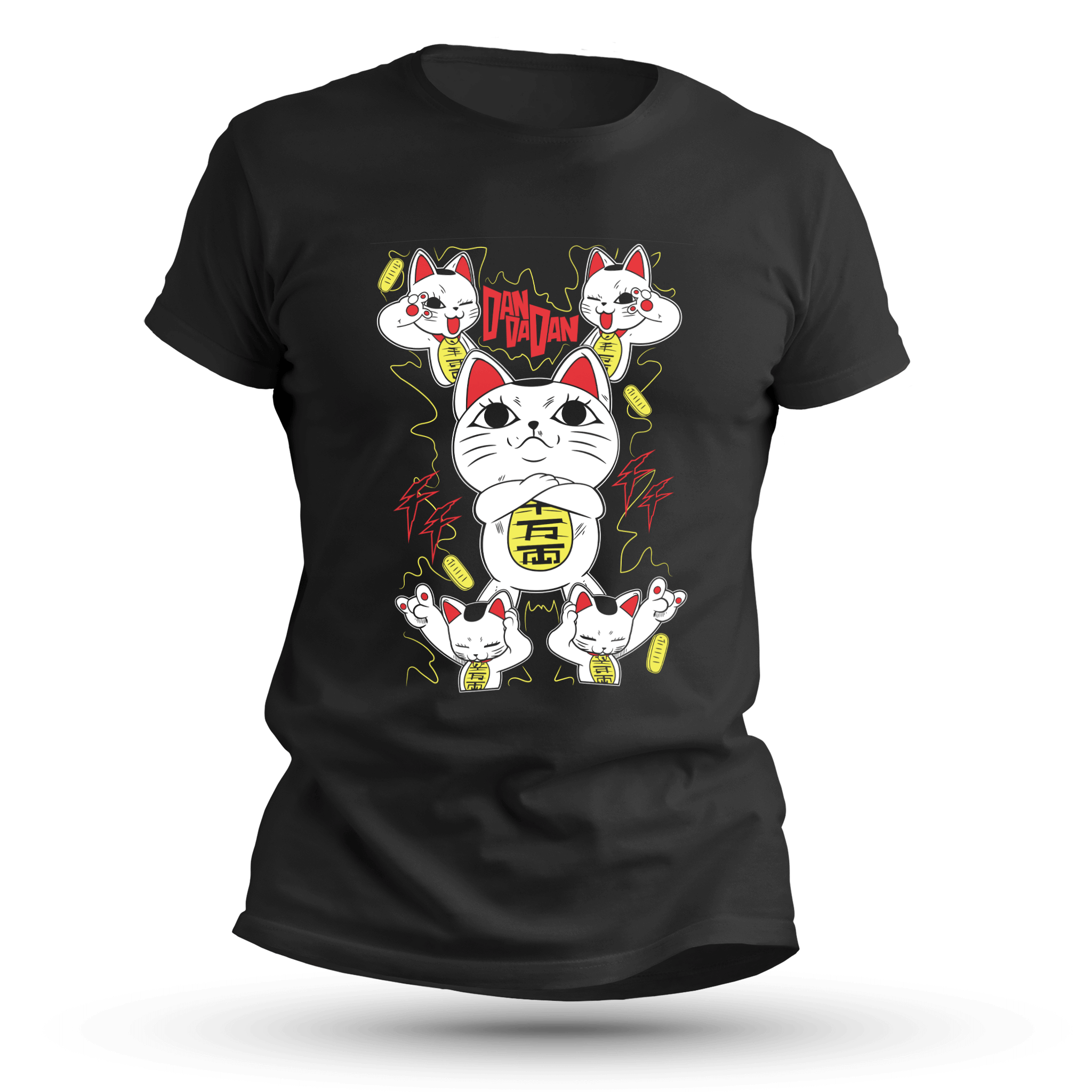 Stylized black T-shirt featuring a bold chibi lucky cat with lightning effects, floating coins, and manga-inspired psychic energy in a striking red, yellow, and white design