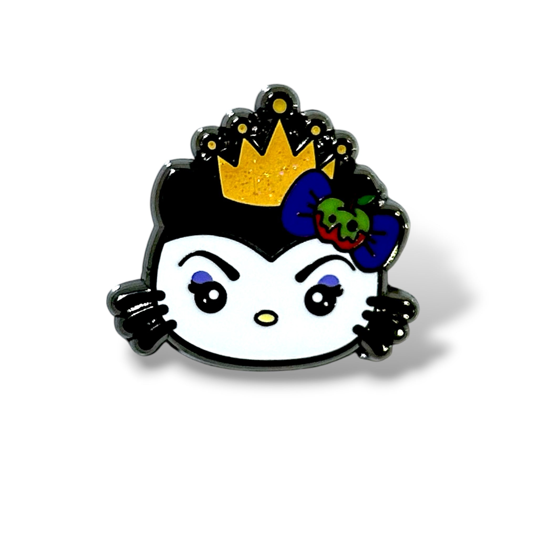 Enamel pin featuring a stylized cartoon cat character with a white face, black ears and hair, yellow nose, and arched eyebrows; wearing a glittery gold crown and a large blue bow adorned with a green skull, red eyes, and red ribbon—designed in a spooky villain theme inspired by the Evil Queen from Snow White.