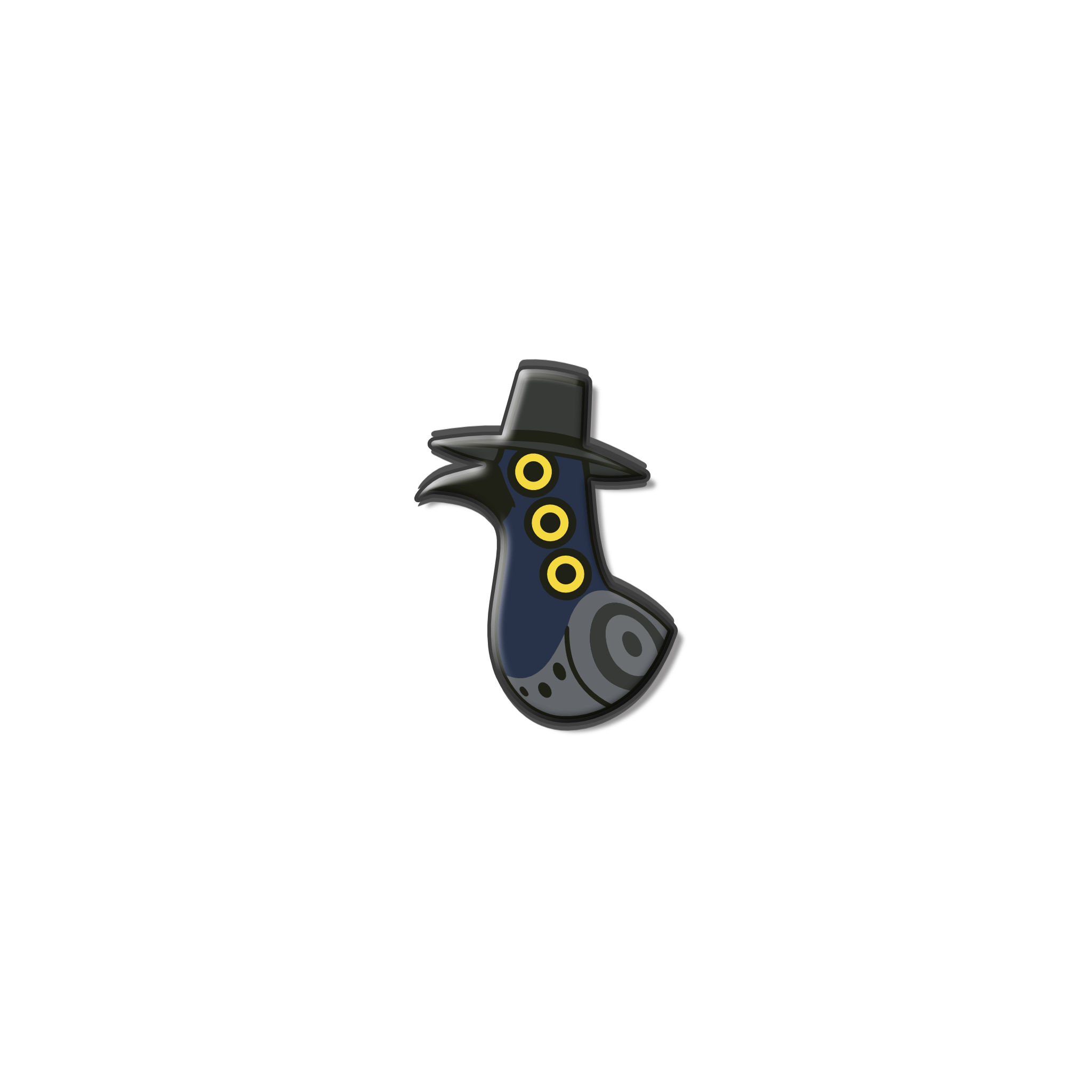 Mini enamel pin of black crow with three yellow eyes and wide-brim hat – K-pop inspired